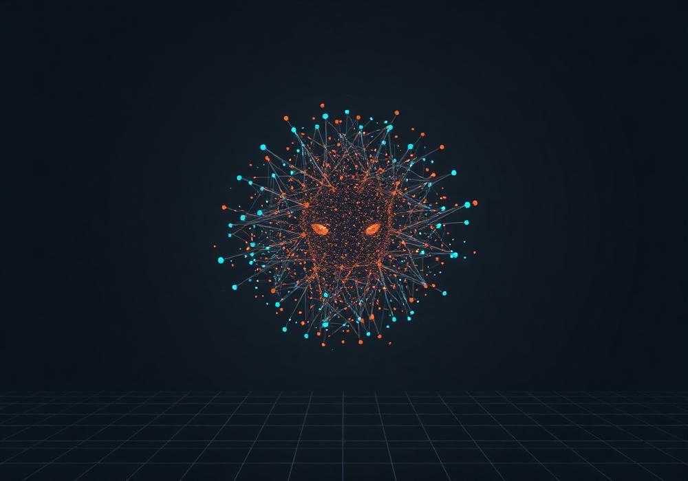 Abstract particle visualisation of a neural network on a dark grid