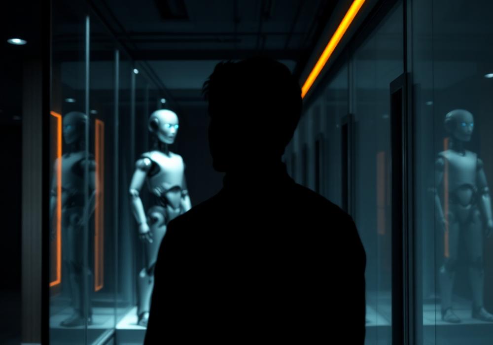 A person silhouetted in front of humanoid robots behind glass