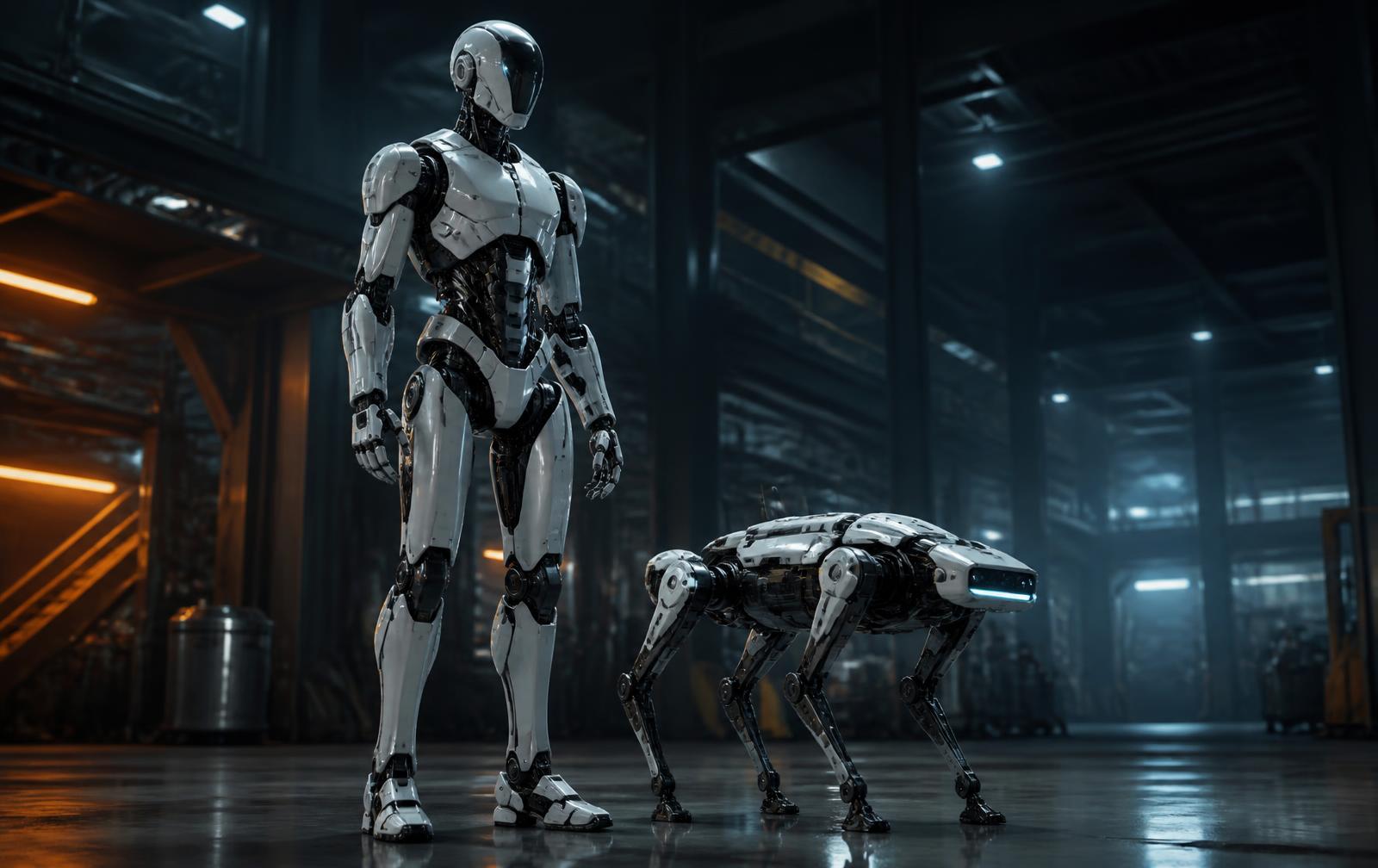 A humanoid robot standing beside a four-legged robot in an industrial research hall